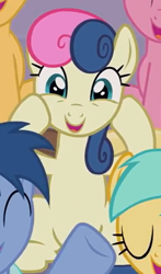 Size: 350x596 | Tagged: safe, screencap, blues, bon bon, caramel, noteworthy, sunshower raindrops, sweetie drops, pony, the summer sun setback, adorabon, amused, bon bon is amused, cropped, cute