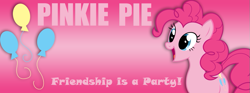 Size: 851x315 | Tagged: safe, artist:flamelauncher14, pinkie pie, earth pony, pony, balloon, banner, cutie mark, female, mare, solo, text