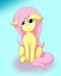 Size: 410x510 | Tagged: safe, artist:ponutabyss, fluttershy, pegasus, pony, blue background, cute, female, floppy ears, mare, shyabetes, simple background, sitting, smiling, solo