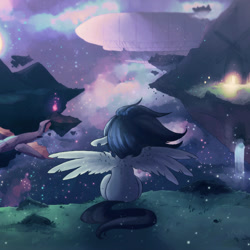 Size: 1200x1200 | Tagged: safe, artist:milkrainn, oc, oc only, oc:vylet, pegasus, pony, airship, album cover, floating island, solo, super pony world, vylet pony, waterfall, windmill