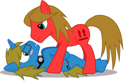 Size: 1109x721 | Tagged: safe, artist:thelastgherkin, oc, oc only, earth pony, unicorn, blushing, glasses, goggles, implied gay, male, open mouth, simple background, stallion, transparent background