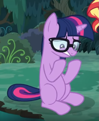 Size: 425x518 | Tagged: safe, screencap, sci-twi, twilight sparkle, pony, unicorn, better together, equestria girls, spring breakdown, cropped, equestria girls ponified, glasses, missing cutie mark, ponified, sitting, solo, unicorn sci-twi, worried