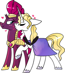 Size: 1280x1430 | Tagged: safe, artist:tempestintheponyvile, fizzlepop berrytwist, prince blueblood, tempest shadow, pony, unicorn, berryblood, blushing, broken horn, eyes closed, female, heart, horn, kiss on the cheek, kissing, male, mare, royal guard, shipping, simple background, stallion, straight, tempest becomes a royal guard, transparent background, unshorn fetlocks