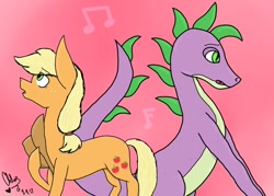 Size: 1024x732 | Tagged: safe, artist:sylveon13, derpibooru import, applejack, spike, dragon, earth pony, pony, applespike, duet, female, hat off, male, mare, music notes, older, older spike, shipping, singing, straight