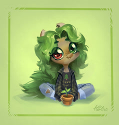 Size: 2781x2920 | Tagged: safe, artist:holivi, oc, oc only, anthro, anthro oc, clothes, freckles, green background, heterochromia, jeans, looking at you, pants, shirt, simple background, sitting, smiling, solo