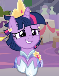 Size: 700x900 | Tagged: safe, screencap, twilight sparkle, twilight sparkle (alicorn), alicorn, pony, the last problem, alternate hairstyle, cropped, crown, jewelry, messy mane, regalia, second coronation dress, smiling, solo