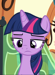 Size: 692x938 | Tagged: safe, screencap, twilight sparkle, twilight sparkle (alicorn), alicorn, surf and/or turf, cropped, solo, train, twilight is not amused, unamused