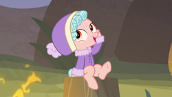 Size: 1280x720 | Tagged: safe, screencap, cozy glow, pegasus, pony, frenemies (episode), clothes, cozybetes, cute, solo, tree stump, winter outfit