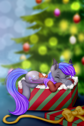 Size: 2000x3000 | Tagged: safe, artist:jerraldina, oc, oc only, oc:grey, bat pony, pony, bow, box, christmas, christmas tree, clothes, comfy, cozy, cute, eyes closed, heart, holiday, hoodie, male, pony in a box, present, sleeping, solo, tree, warm, wings