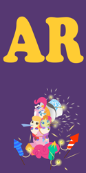 Size: 2000x4000 | Tagged: safe, anonymous artist, part of a series, part of a set, pinkie pie, pound cake, pumpkin cake, pony, series:fm holidays, baby, baby pony, cake twins, clothes, drool, fireworks, fuse, glasses, happy new year, hat, holding a pony, holiday, hood, lineless, looking at something, looking up, mouth hold, new year, no pupils, novelty glasses, party horn, purple background, rocket, siblings, simple background, smiling, sparkler (firework), sweater, top hat, twins