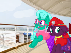 Size: 1440x1080 | Tagged: safe, artist:rainbow eevee edits, artist:徐詩珮, fizzlepop berrytwist, glitter drops, tempest shadow, unicorn, series:sprglitemplight diary, series:sprglitemplight life jacket days, series:springshadowdrops diary, series:springshadowdrops life jacket days, alternate universe, beach, broken horn, cute, female, flying, glitterbetes, glittershadow, horn, lesbian, paw patrol, shipping, sky, tempestbetes