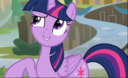 Size: 1539x941 | Tagged: safe, screencap, twilight sparkle, twilight sparkle (alicorn), alicorn, surf and/or turf, cropped, cute, cutie mark, female, folded wings, grin, looking up, mare, mount aris, raised eyebrow, raised hoof, smiling, solo, twiabetes, wings