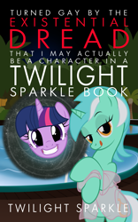 Size: 1173x1875 | Tagged: safe, artist:facelessjr, lyra heartstrings, twilight sparkle, alicorn, pony, unicorn, bedroom eyes, book cover, chuck tingle, clothes, cover, female, floating head, human pose, interdimensional rift, licking, licking lips, looking at you, night, parody, poolside, see-through, show accurate, smiling, stripping, tongue out