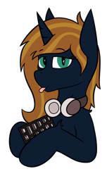 Size: 1192x1960 | Tagged: safe, artist:bitrate16, oc, oc only, unicorn, :p, bat pony eyes, bust, headphones, holding, keyboard, looking at you, portrait, simple background, solo, tongue out, transparent background, vector