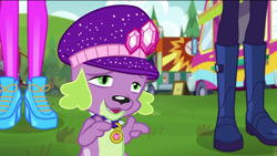 Size: 720x405 | Tagged: safe, screencap, rarity, sci-twi, spike, spike the regular dog, twilight sparkle, dog, better together, choose your own ending, equestria girls, lost and pound, lost and pound: spike, boots, clothes, female, hat, male, shoes, spike's dog collar, spike's festival hat