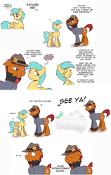 Size: 2561x4040 | Tagged: safe, artist:askbronyfriendzony, sunshower raindrops, earth pony, pegasus, pony, ..., ask, background pony, comic, euphoria, eyes closed, fedora, fedora tipping, female, floppy ears, friendzone, grin, hat, le, m'lady, male, mare, nice guy, nope, nope nope nope nope nope nope, raindropsanswers, simple background, smiling, sourpuss, stallion, tumblr, white background