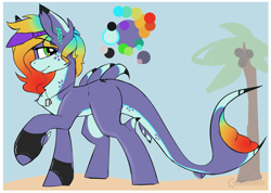 Size: 1384x985 | Tagged: safe, artist:beardie, oc, oc only, original species, shark, shark pony, hat, multicolored hair, rainbow hair, raised hoof, solo