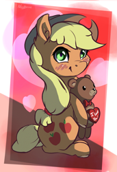 Size: 2139x3119 | Tagged: safe, artist:nookprint, part of a set, applejack, earth pony, pony, blushing, cheek fluff, chest fluff, cute, ear fluff, female, heart, high res, holiday, jackabetes, mare, plushie, sitting, smiling, solo, teddy bear, valentine's day