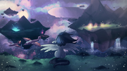 Size: 3840x2160 | Tagged: safe, artist:milkrainn, oc, oc only, oc:vylet, pegasus, pony, airship, album cover, floating island, solo, super pony world, vylet pony, waterfall, windmill