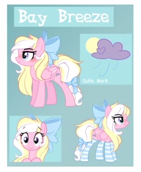 Size: 3349x4094 | Tagged: safe, artist:emberslament, edit, oc, oc only, oc:bay breeze, pegasus, pony, blushing, bow, clothes, cute, female, hair bow, heart eyes, mare, reference sheet, simple background, socks, striped socks, tail bow, text, wingding eyes