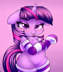 Size: 2250x2600 | Tagged: safe, alternate version, artist:heavymetalbronyyeah, twilight sparkle, twilight sparkle (alicorn), alicorn, pony, :p, bedroom eyes, belly button, bipedal, blushing, cheek fluff, chest fluff, clothes, cute, cutie mark, ear fluff, female, floppy ears, fluffy, leg fluff, lidded eyes, looking at you, mare, shoulder fluff, smiling, socks, solo, striped socks, tongue out, twiabetes