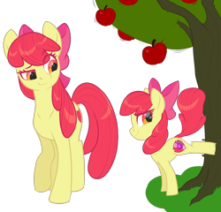 Size: 2868x2748 | Tagged: safe, artist:moonseeker, apple bloom, earth pony, pony, apple, apple tree, duality, female, filly, mare, older, older apple bloom, self ponidox, simple background, solo, time paradox, transparent background, tree