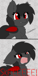 Size: 550x1100 | Tagged: safe, artist:pegamutt, oc, oc:qetesh, bat pony, pony, :t, abstract background, angry, animated, bat pony oc, chest fluff, cute, ear fluff, ear tufts, eeee, fangs, female, frown, gif, glare, inhaling, looking up, madorable, mare, ocbetes, open mouth, red and black oc, screaming, skree, solo, vibrating, weapons-grade cute