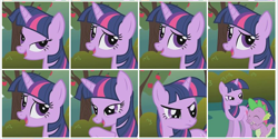 Size: 826x414 | Tagged: safe, edit, edited screencap, screencap, spike, twilight sparkle, unicorn twilight, dragon, pony, unicorn, friendship is magic, apple tree, female, male, mare, tree