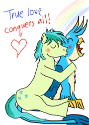 Size: 1000x1400 | Tagged: safe, artist:horsesplease, gallus, sandbar, earth pony, griffon, pony, anatomically incorrect, blushing, crowing, gallbar, gay, griffons doing bird things, kissing, male, rainbow, shipping