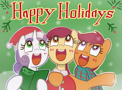 Size: 3080x2280 | Tagged: safe, artist:garammasara, apple bloom, scootaloo, sweetie belle, caroling, christmas, christmas carol, cutie mark crusaders, female, filly, holiday, starry eyes, wingding eyes