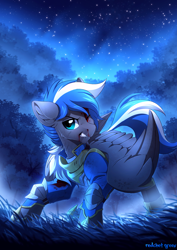 Size: 1300x1836 | Tagged: safe, artist:redchetgreen, oc, oc:cloud zapper, pegasus, pony, armor, blood, injured, male, night, nosebleed, scenery, solo, stars