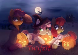 Size: 3508x2480 | Tagged: safe, artist:raily, apple bloom, scootaloo, sweetie belle, bat, bandage, broom, cape, clothes, graveyard, halloween, hat, high res, holiday, jack-o-lantern, mare in the moon, moon, mummy costume, night, pumpkin, tongue out, twifest, witch hat