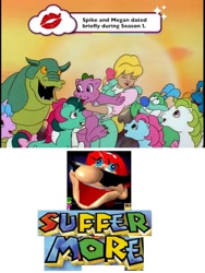 Size: 720x960 | Tagged: safe, edit, screencap, megan williams, spike, dragon, human, g1, my little pony 'n friends, blushing, caption, cringing, expand dong, exploitable meme, image macro, interspecies, mario, meme, pop up video, super mario 64, super mario bros., text, wtf