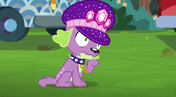 Size: 720x397 | Tagged: safe, screencap, spike, spike the regular dog, dog, better together, choose your own ending, equestria girls, lost and pound, lost and pound: spike, male, paws, raised leg, spike's dog collar, spike's festival hat, tail