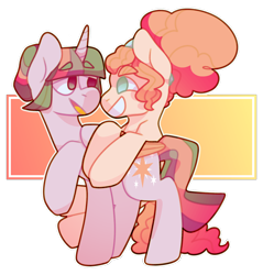 Size: 1212x1267 | Tagged: safe, artist:geisharozu, derpibooru import, pinkie pie, twilight sparkle, twilight sparkle (alicorn), alicorn, earth pony, pony, alternate hairstyle, female, lesbian, shipping, twinkie