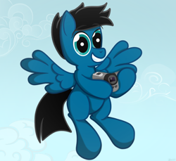 Size: 3600x3300 | Tagged: safe, artist:agkandphotomaker2000, oc, oc:pony video maker, pegasus, pony, camera, cloud, flying, lens, simple background, smiling, video camera, video maker