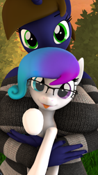 Size: 1080x1920 | Tagged: safe, artist:kowalskicore, oc, oc:aurora starling, oc:katharina lazuli, anthro, earth pony, pony, unicorn, 3d, anthro with ponies, between breasts, cute, holding a pony, source filmmaker