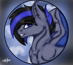 Size: 1584x1410 | Tagged: artist needed, safe, oc, oc only, oc:stelkhavolk, bat pony, pony, bat pony oc, dark, fangs, male, night guard, pony town, solo, stallion