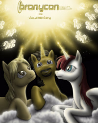 Size: 2400x3000 | Tagged: safe, artist:anadukune, oc, oc:fausticorn, alicorn, pony, unicorn, bronycon documentary, cloud, contest entry, female, glow, glowing horn, high res, horn, john de lancie, lauren faust, looking up, male, mare, ponified, prone, silhouette, smiling, sparkles, stallion, tara strong, title, trio