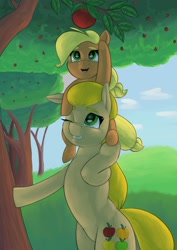 Size: 1240x1754 | Tagged: safe, artist:escdev, applejack, oc, oc:applestack, earth pony, pony, apple, apple tree, female, filly, filly applejack, food, mare, tree, younger