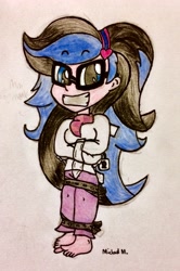 Size: 1773x2672 | Tagged: safe, artist:michaelmaddox222, oc, oc:indigo shadow, human, equestria girls, barefoot, belts, bondage, clothes, colored, duct tape, feet, female, glasses, headband, looking at you, padlock, pants, pencil drawing, scarf, signature, solo, straitjacket, tape, traditional art