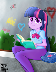 Size: 2400x3085 | Tagged: safe, artist:theretroart88, twilight sparkle, equestria girls, book, clothes, graffiti, high res, pants, reading, sitting, smiling