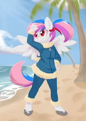 Size: 1448x2048 | Tagged: safe, artist:clawscratch23, oc, oc only, oc:northstar, anthro, pegasus, beach, beach babe, clothes, commission, ocean, palm tree, solo, tree, winter outfit