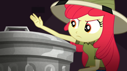 Size: 1920x1080 | Tagged: safe, screencap, apple bloom, eqg summertime shorts, equestria girls, the canterlot movie club, adorabloom, cute, daring do costume, female, hat, pith helmet, solo, trash can