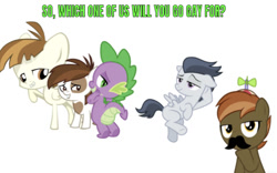 Size: 1204x750 | Tagged: safe, artist:cloudyglow, artist:lightningbolt, artist:sollace, artist:strachattack, edit, editor:undeadponysoldier, dragon, earth pony, pegasus, pony, bedroom eyes, caption, colt, facial hair, image macro, implied gay, male, moustache, simple background, stupid sexy button, stupid sexy featherweight, stupid sexy pipsqueak, stupid sexy rumble, stupid sexy spike, talking to viewer, text, white background