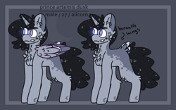 Size: 2500x1556 | Tagged: safe, artist:luqella, oc, oc:artemis dusk, alicorn, pony, male, parent:princess luna, parents:canon x oc, reference sheet, solo, stallion