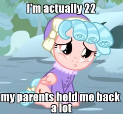 Size: 539x500 | Tagged: safe, edit, edited screencap, screencap, cozy glow, pegasus, pony, frenemies (episode), caption, clothes, cozy glow is best facemaker, cozybetes, cozybuse, cropped, cute, female, filly, foal, hat, image macro, jimmy neutron, meme, pouting, sad, sitting, snow, solo, text, winter outfit