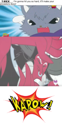 Size: 796x1561 | Tagged: safe, artist:mega-poneo, edit, edited screencap, screencap, lord tirek, cat, centaur, twilight's kingdom, angry, anime, comic, crossover, dialogue, dian, eyes closed, hub logo, jewelpet, kapow, maine coon, male, mega poneo strikes again, mulan, punch, sanrio, screencap comic, sega, the hub, yao