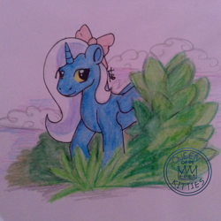 Size: 2048x2048 | Tagged: safe, artist:queenofdekitties, oc, oc:fleurbelle, alicorn, pony, alicorn oc, bow, cloud, cute, female, hair bow, mare, traditional art, tree