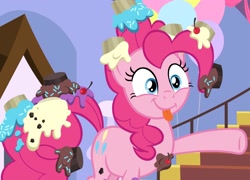 Size: 1500x1080 | Tagged: safe, derpibooru import, screencap, pinkie pie, earth pony, pony, the ending of the end, cherry, cropped, cupcake, cute, diapinkes, faic, food, messy mane, ponk, silly, silly face, silly pony, solo, tongue out